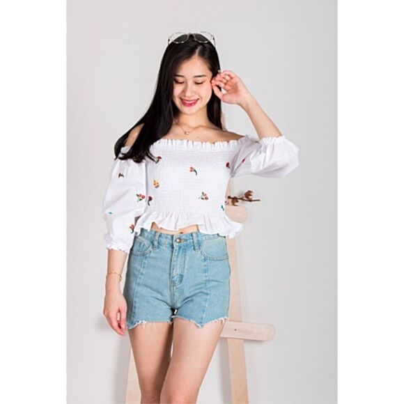 Womens Zara Chocolate USA Floral Embroidered Off Shoulder Crop Top - Sz M - Picture 1 of 5